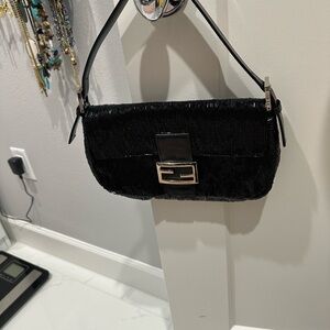 Fendi Black Beaded Mini Baguette with Silver FF Buckle